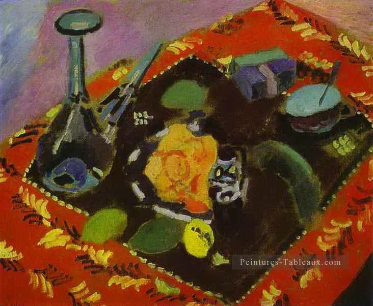 Plats et fruits sur un tapis rouge et noir 1906 fauvisme abstrait Henri Matisse Peintures à l'huile